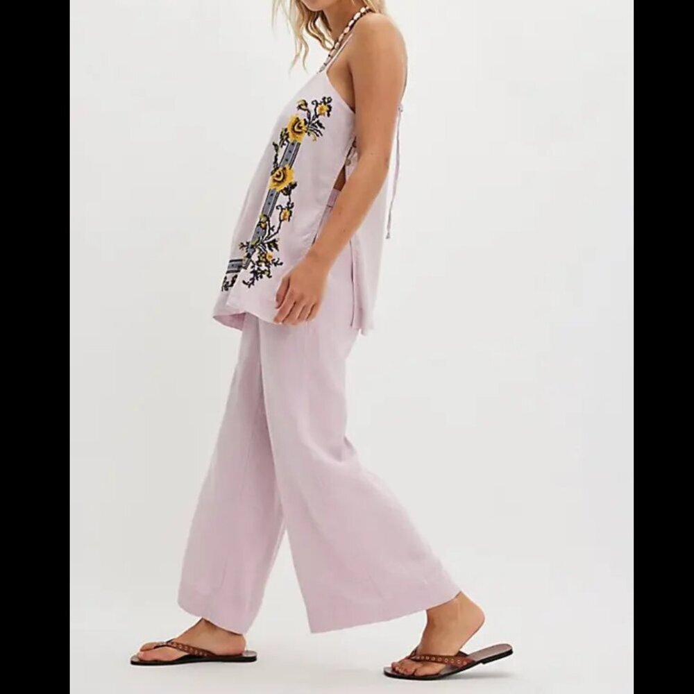 NWT Free People Sightseer Embroidered Linen Set in Lilac Combo - Picture 4 of 5